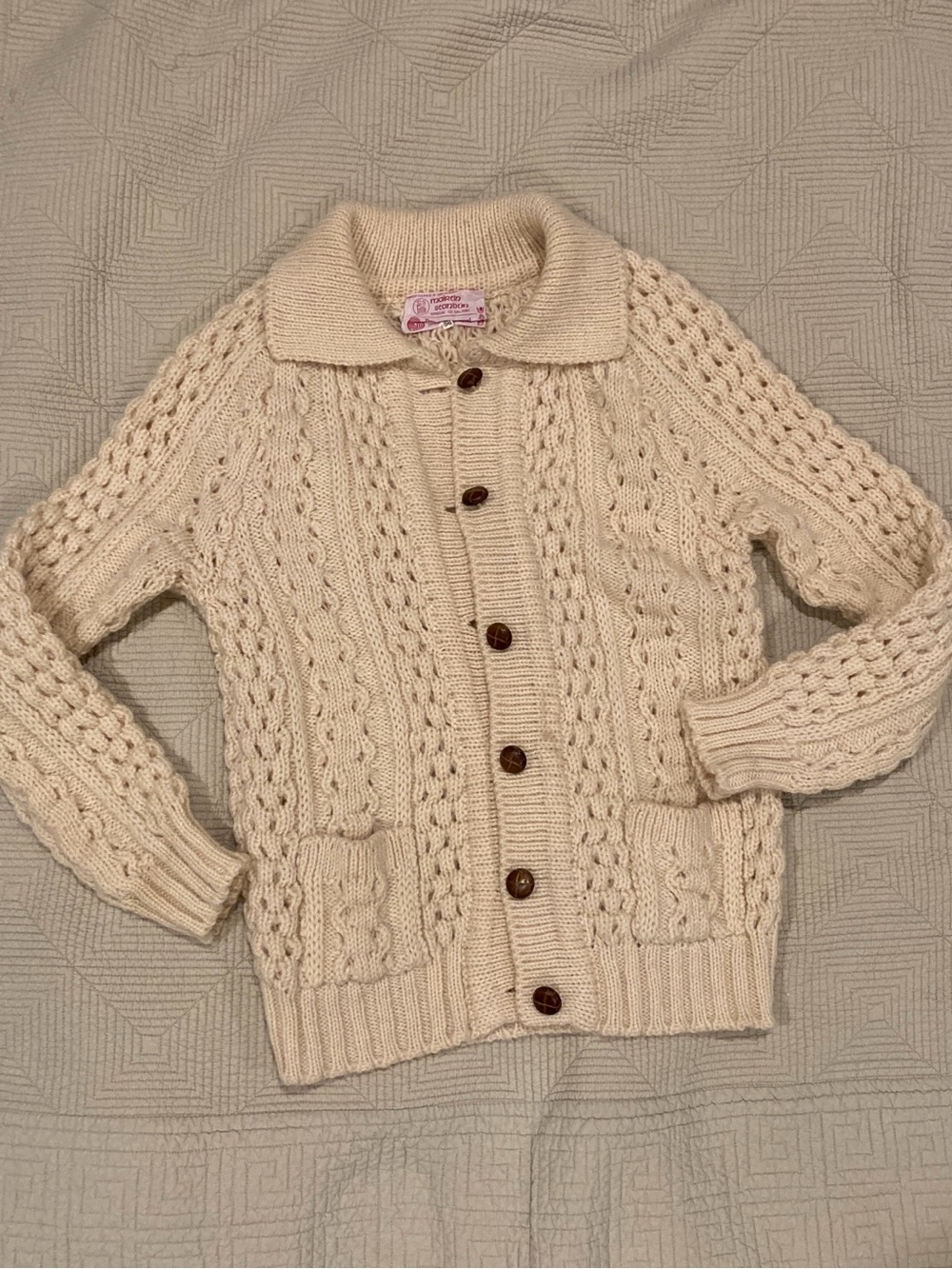 Vintage-WOOL Cream Cable-Knit Button Front Cardigan Sweater